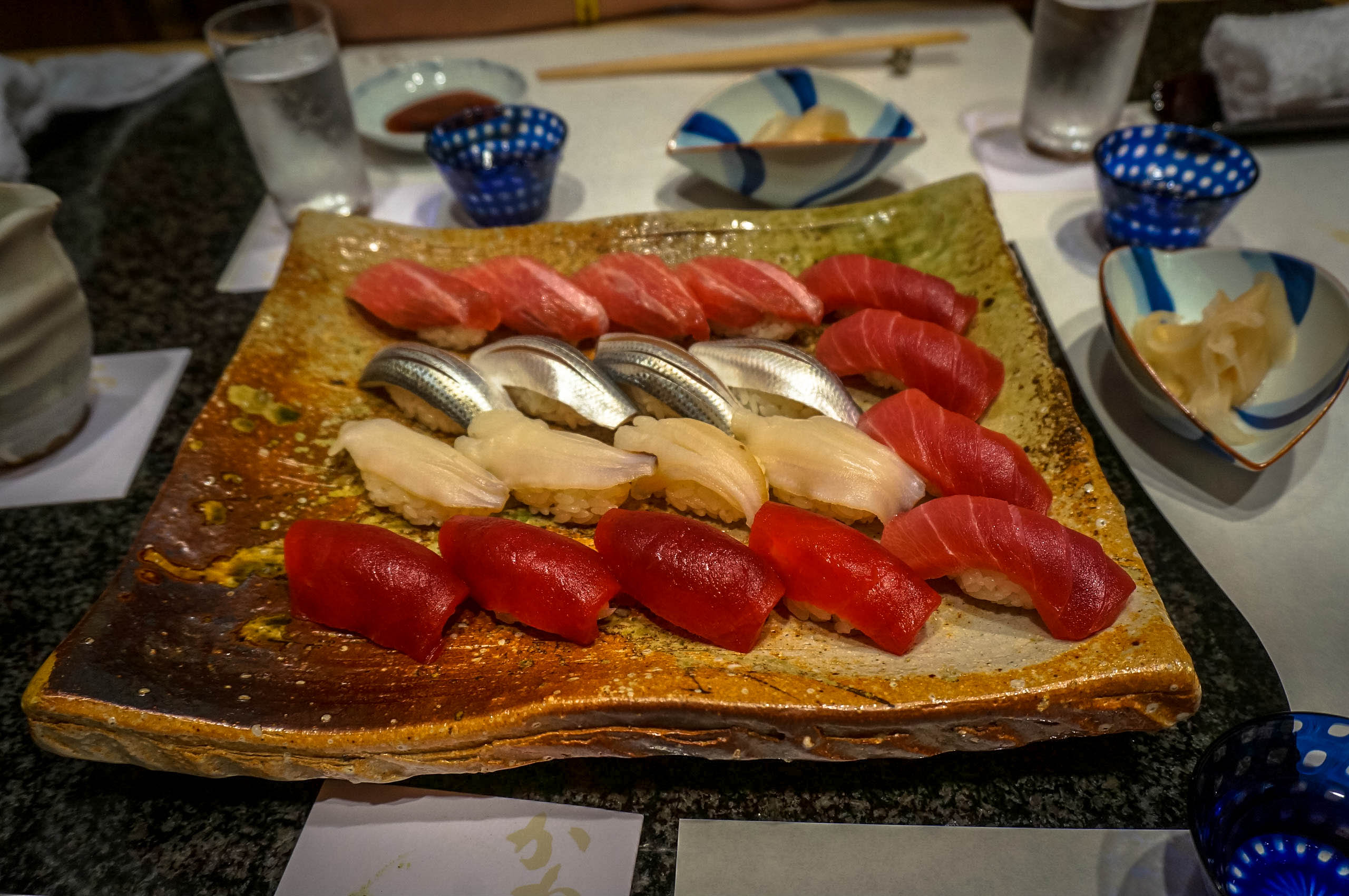Varying levels of fatty Tuna, or Toro, and other fish